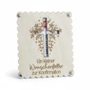 Holzkarte zur Konfirmation oder Kommunion mit eingelegtem Geldschein als Geschenkidee.